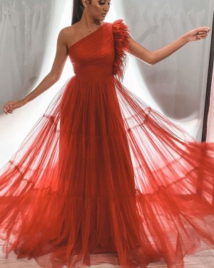 Ruched Red One Shoulder Tulle A-line Bridesmaid Dress BD2160