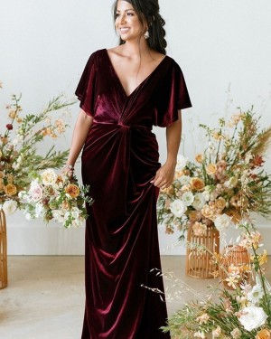 V-neck Ruched Velvet Burgundy Bridesmaid Dress with Short Sleeves BD2161