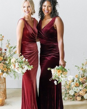 Burgundy Ruched Velvet V-neck Mermaid Bridesmaid Dress BD2167