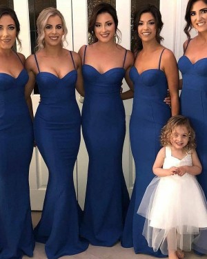 Spaghetti Straps Blue Satin Mermaid Simple Bridesmaid Dress BD2168