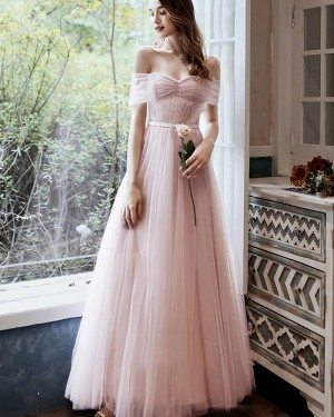 Pearl Pink Pleated Off the Shoulder Tulle Bridesmaid Dress BD2169