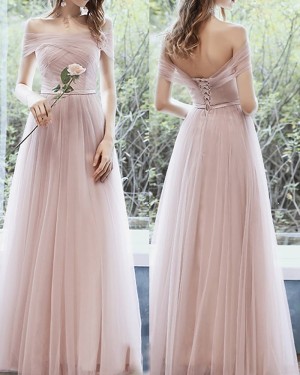 Ruched Lavender Off the Shoulder Tulle Bridesmaid Dress BD2170