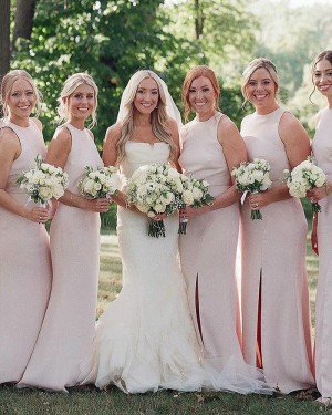 Pearl Pink Jewel Neck Satin Bridesmaid Dress with Middle Slit BD2172