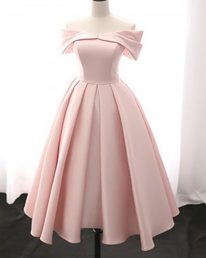 Pearl Pink Off the Shoulder Pleated Knee Length Bridesmaid Dress BD2173