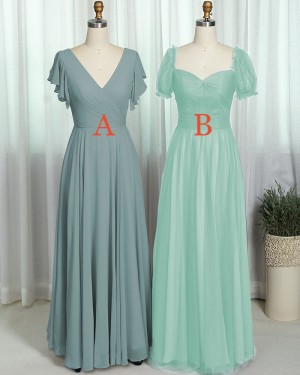 Chiffon Ruched V-Neck Sage Bridesmaid Dress With Short Sleeves Bd2174