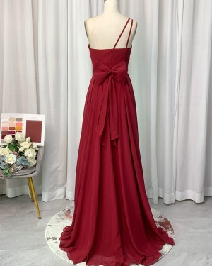 Burgundy One Shoulder Chiffon A-Line Bridesmaid Dress With Bowknot Bd2175