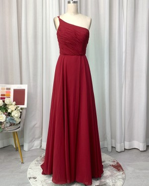 Burgundy One Shoulder Chiffon A-Line Bridesmaid Dress With Bowknot Bd2175