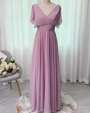 Chiffon V-Neck Lavender Ruched Bridesmaid Dress Bd2177
