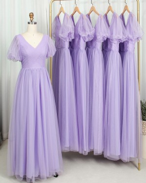Tulle Lavender V-Neck Pleated Bridesmaid Dress With Short Sleeves Bd2184