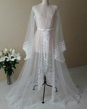 White V-neck Tulle Long Sleeved Bridal Boudoir Robe with 3D Flowers BR005