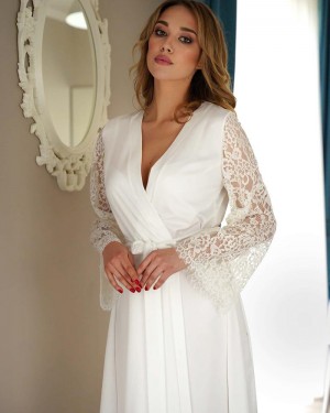 White V-neck Satin Long Bridal Robe with Lace Sleeves BR008