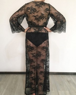 Black Lace V-neck Sheath Bridal Robe with Long Sleeves BR010