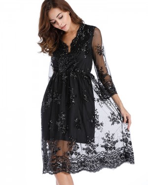 Black V-neck Lace Sequin Knee Length Party Dress with 3/4 Length Sleeves DG1002