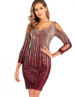 Cold Shoulder Burgundy Sequin Bodycon Club Dress with 3/4 Length Sleeves DG1005