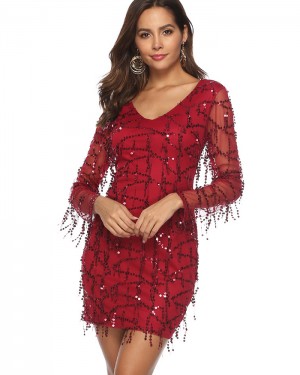 V-neck Red Sequin Short Bodycon Party Dress with Long Sleeves DG1012