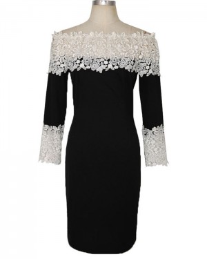 Off the Shoulder Black Lace Appliqued Knee Length Dress with 3/4 Length Sleeves DG1014