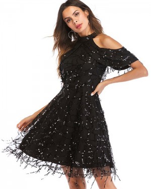 High Neck Sequin Black Party Dress with Short Sleeves DG1016