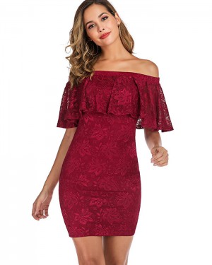 Off the Shoulder Burgundy Lace Bodycon Party Dress DG1017