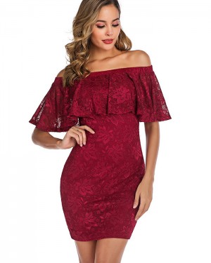 Off the Shoulder Burgundy Lace Bodycon Party Dress DG1017