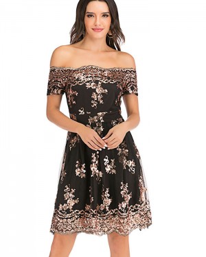 Off the Shoulder Lace Sequin Black Party Dress DG1022