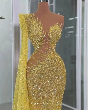 Yellow Beading One Shoulder Evening Dress with Flowy Sleeves DLBN01