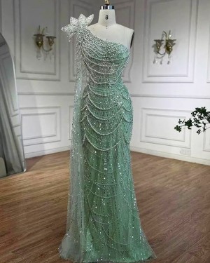 Beading Mint One Shoulder Evening Dress with Flowy Sleeves DLBN03