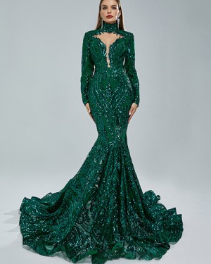 Orange Sequin High Neck Mermaid Evening Dress with Long Sleeves DLBN04