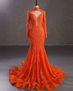 Orange Sequin High Neck Mermaid Evening Dress with Long Sleeves DLBN04