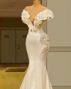 Beading Satin Deep V-neck Ruched Mermaid Evening Dress DLBN05