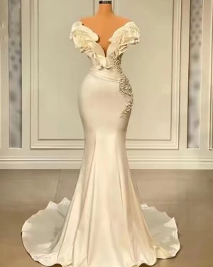 Beading Satin Deep V-neck Ruched Mermaid Evening Dress DLBN05