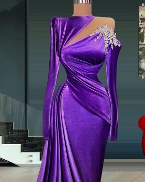 Purple Beading Satin High Neck Evening Dress with Long Sleeves DLBN08