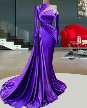 Purple Beading Satin High Neck Evening Dress with Long Sleeves DLBN08