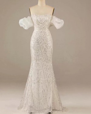 Ivory Sequin Off the Shoulder Evening Dress with Short Sleeves DLBN09