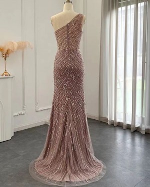 Sequin Mermaid One Shoulder Evening Dress with Feathered Side Slit DLBN10