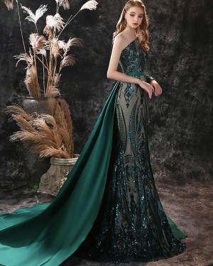 Sequin Green One Shoulder Mermaid Evening Dress with Detached Train ED29558