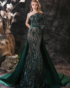 Sequin Green One Shoulder Mermaid Evening Dress with Detached Train ED29558