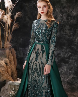 Green Sequin Jewel Mermaid Long Sleeve Evening Dress with Detached Train ED31557