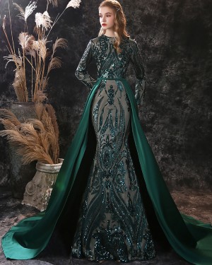 Green Sequin Jewel Mermaid Long Sleeve Evening Dress with Detached Train ED31557