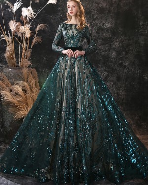 Green Sequin Lace Bateau Evening Dress with Long Sleeves ED38555