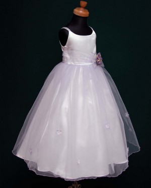 White Satin & Tulle Double Spaghetti Straps First Holy Communion Dress with Handmade Flowers FC0003