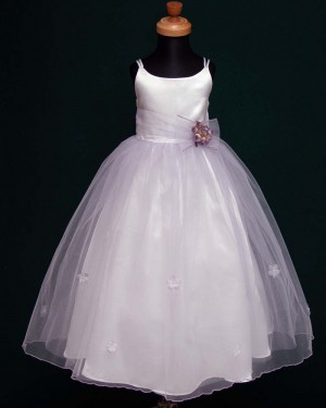 White Satin & Tulle Double Spaghetti Straps First Holy Communion Dress with Handmade Flowers FC0003