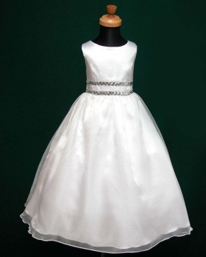 White Tulle & Satin A-line Jewel First Holy Communion Dress with Beading Belt FC0004