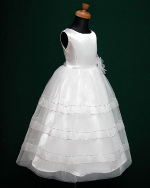 White Sparkle Tulle Jewel First Holy Communion Dress with Handmade Flower FC0005