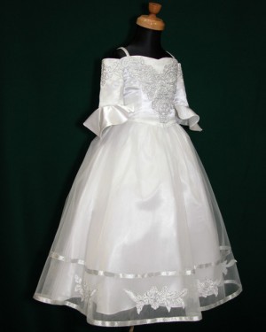 White Tea Length Tulle Cold Shoulder Appliqued First Holy Communion Dress with Half Length Sleeves FC0006