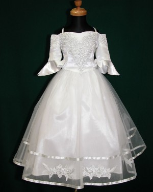 White Tea Length Tulle Cold Shoulder Appliqued First Holy Communion Dress with Half Length Sleeves FC0006