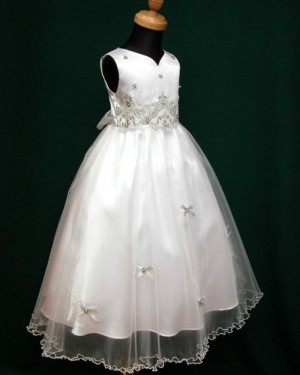 White Beading Appliqued V-neck Tulle Tea Length First Holy Communion Dress FC0007