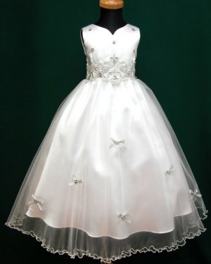 White Beading Appliqued V-neck Tulle Tea Length First Holy Communion Dress FC0007