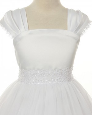 White Tulle Tea Length Square Beading First Holy Communion Dress FC0008