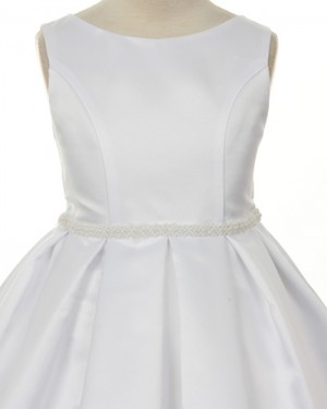 Satin Tea Length Jewel White First Holy Communion Dress with Beadings FC0009