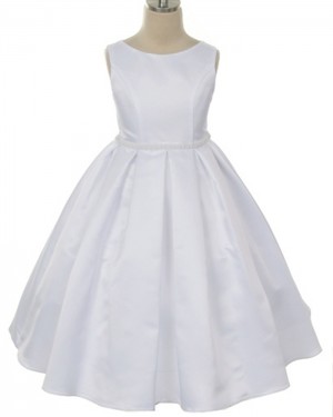 Satin Tea Length Jewel White First Holy Communion Dress with Beadings FC0009